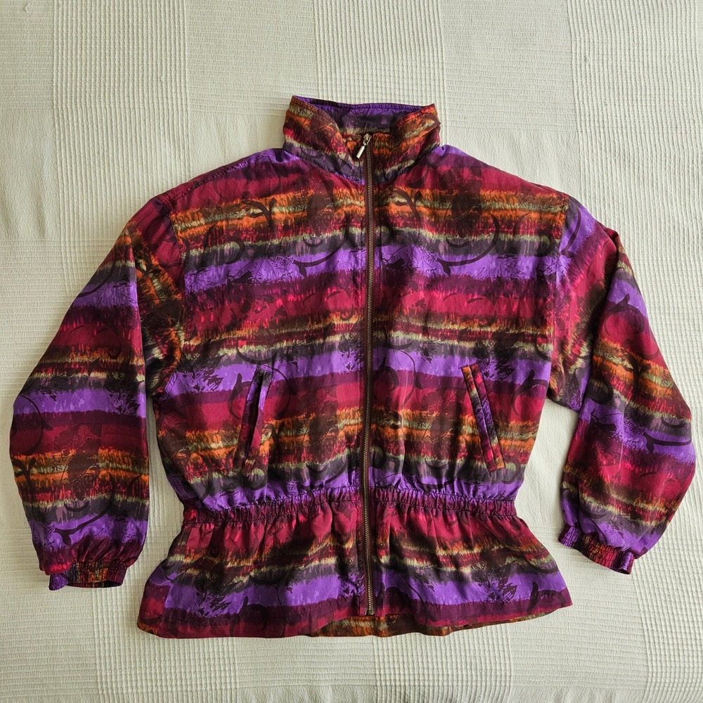 Vintage East West Silks Abstract Colorful Zip Up Bomber Jacket Womens L